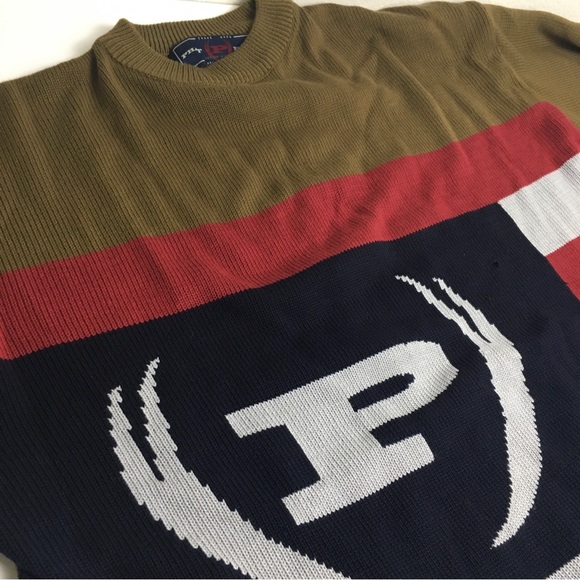 Phat Farm Mens Knit Crewneck Sweater Olive Grey P Logo XL Y2K - Picture 6 of 14